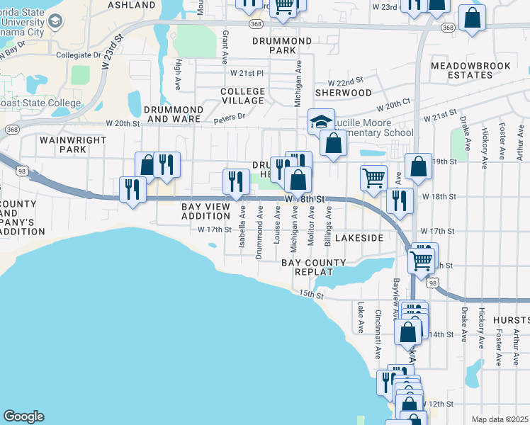 map of restaurants, bars, coffee shops, grocery stores, and more near 1715 Louise Avenue in Panama City