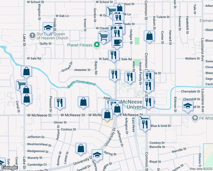 map of restaurants, bars, coffee shops, grocery stores, and more near in Lake Charles