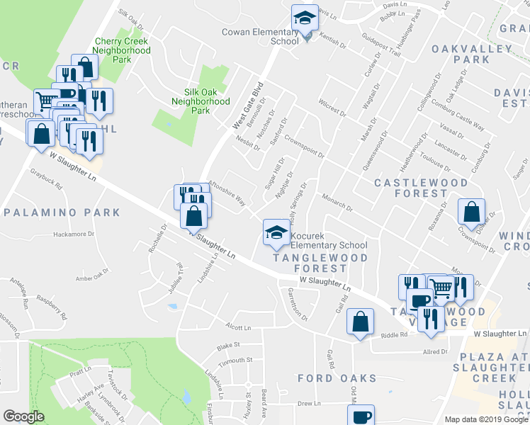 map of restaurants, bars, coffee shops, grocery stores, and more near 9805 Nightjar Drive in Austin