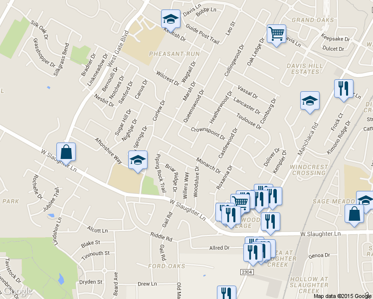 map of restaurants, bars, coffee shops, grocery stores, and more near 2512 Monarch Dr in Austin