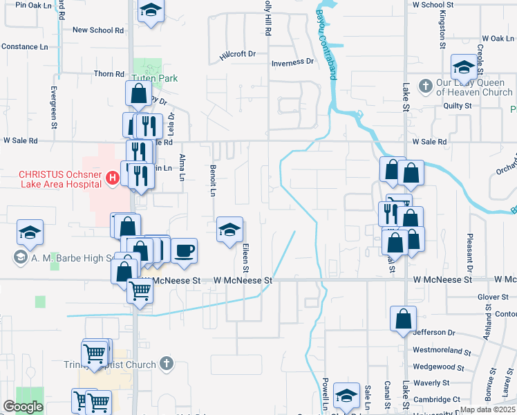 map of restaurants, bars, coffee shops, grocery stores, and more near 4268 Holly Hill Ct in Lake Charles