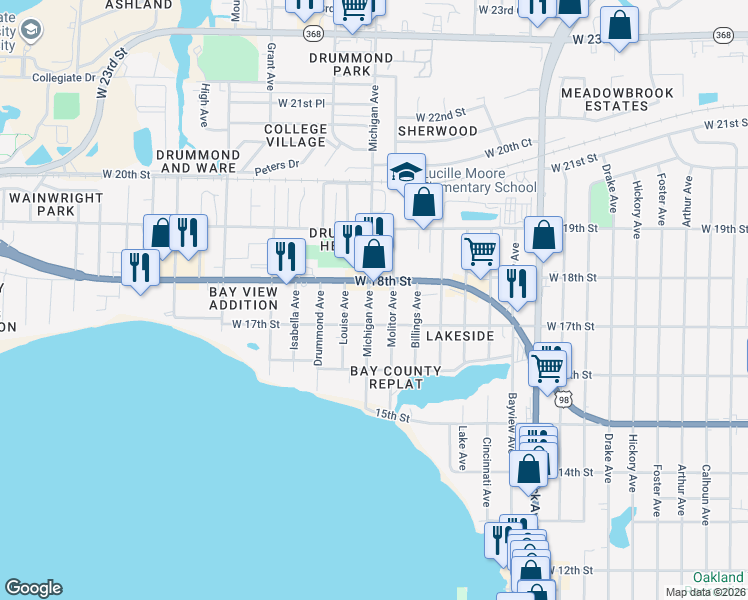 map of restaurants, bars, coffee shops, grocery stores, and more near 1708 Michigan Avenue in Panama City