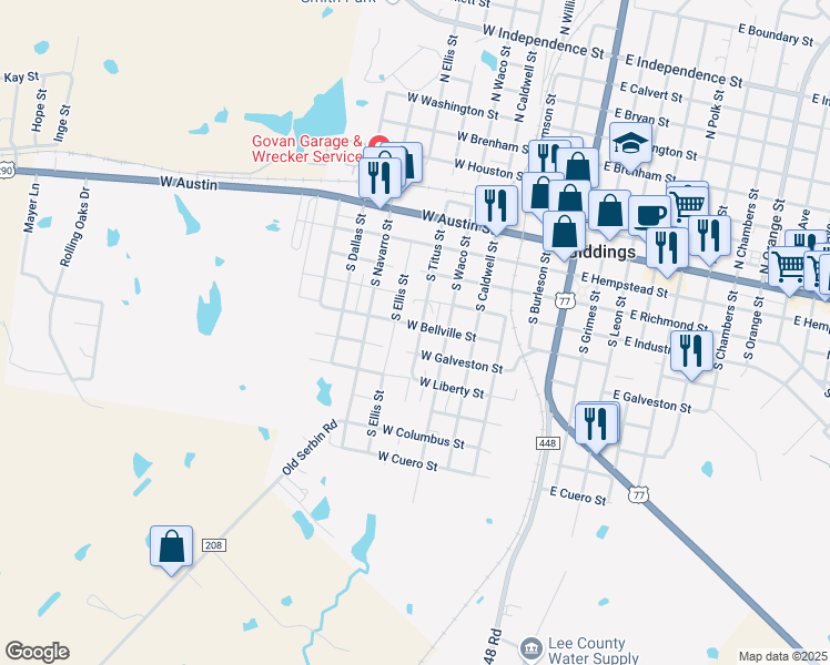 map of restaurants, bars, coffee shops, grocery stores, and more near 626 West Bellville Street in Giddings