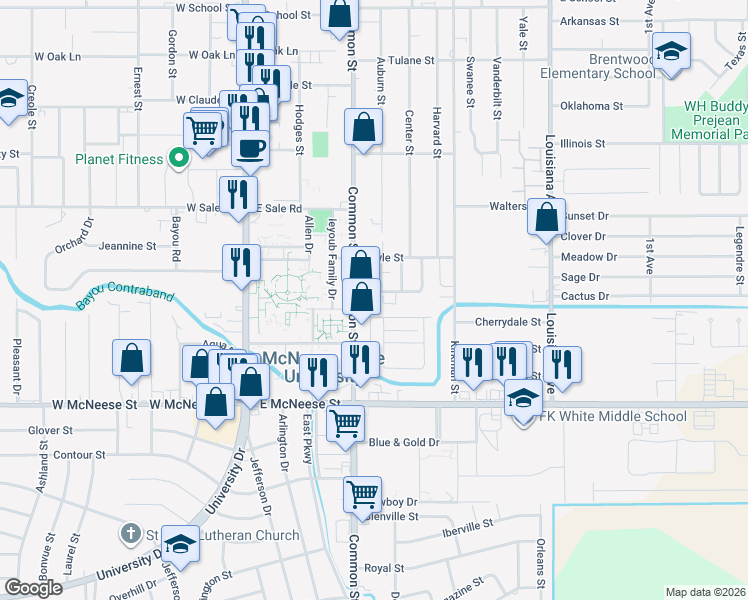 map of restaurants, bars, coffee shops, grocery stores, and more near 612 College Manor Drive in Lake Charles