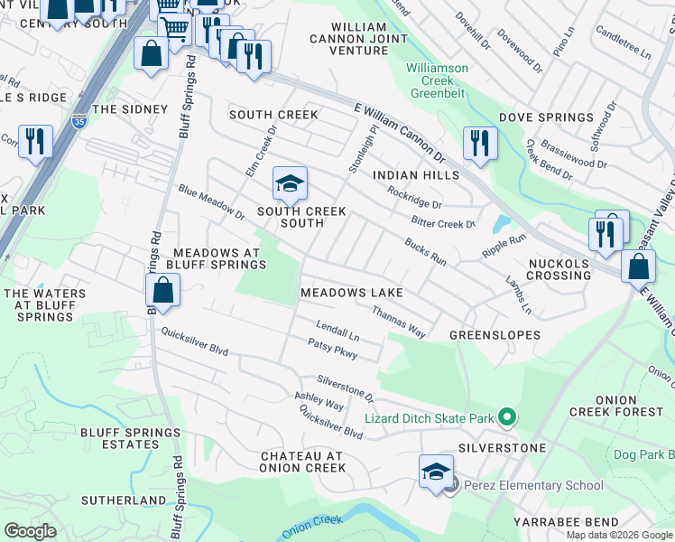 map of restaurants, bars, coffee shops, grocery stores, and more near 2419 Blue Meadow Drive in Austin