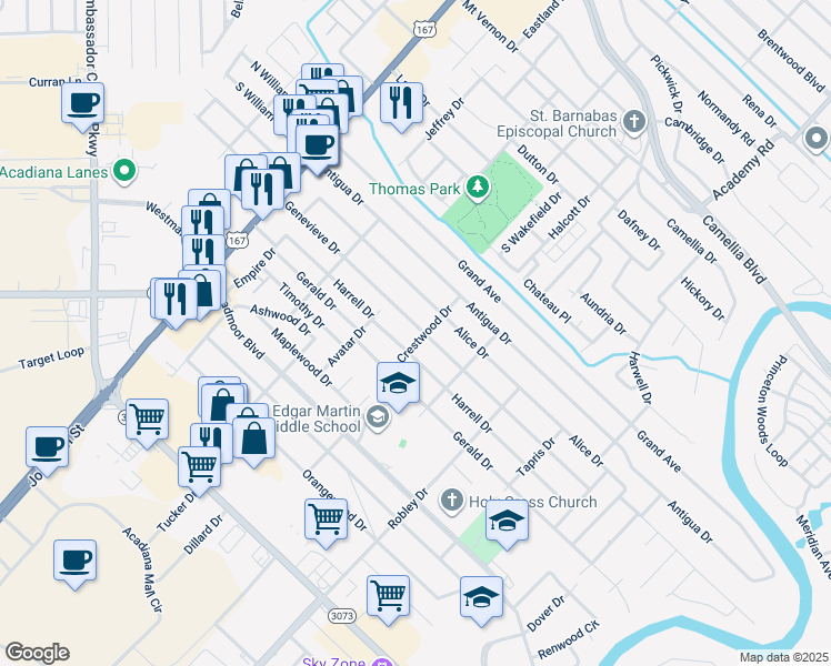 map of restaurants, bars, coffee shops, grocery stores, and more near 330 Genevieve Drive in Lafayette