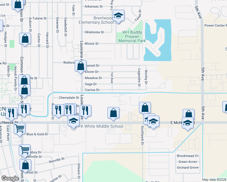 map of restaurants, bars, coffee shops, grocery stores, and more near 1400 Cactus Drive in Lake Charles