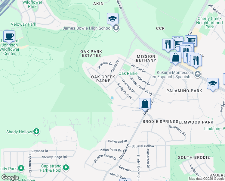 map of restaurants, bars, coffee shops, grocery stores, and more near 3733 Whitt Loop in Austin