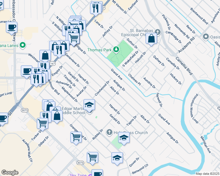 map of restaurants, bars, coffee shops, grocery stores, and more near 404 Alice Drive in Lafayette