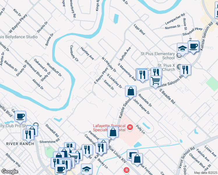 map of restaurants, bars, coffee shops, grocery stores, and more near 125 Saxon Drive in Lafayette