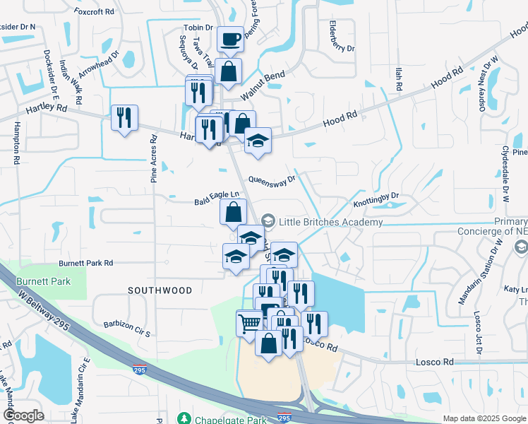 map of restaurants, bars, coffee shops, grocery stores, and more near 4223 Winderpark Court in Jacksonville
