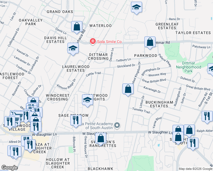 map of restaurants, bars, coffee shops, grocery stores, and more near 1302 Rail Fence Cove in Austin