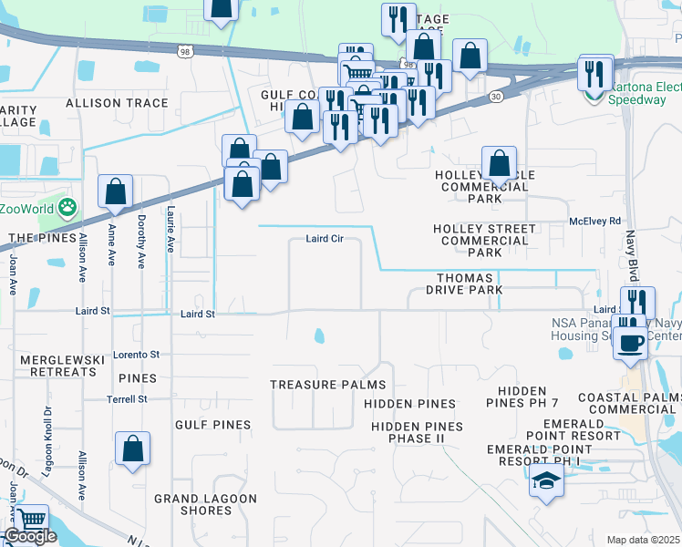 map of restaurants, bars, coffee shops, grocery stores, and more near 137 Laird Circle in Panama City