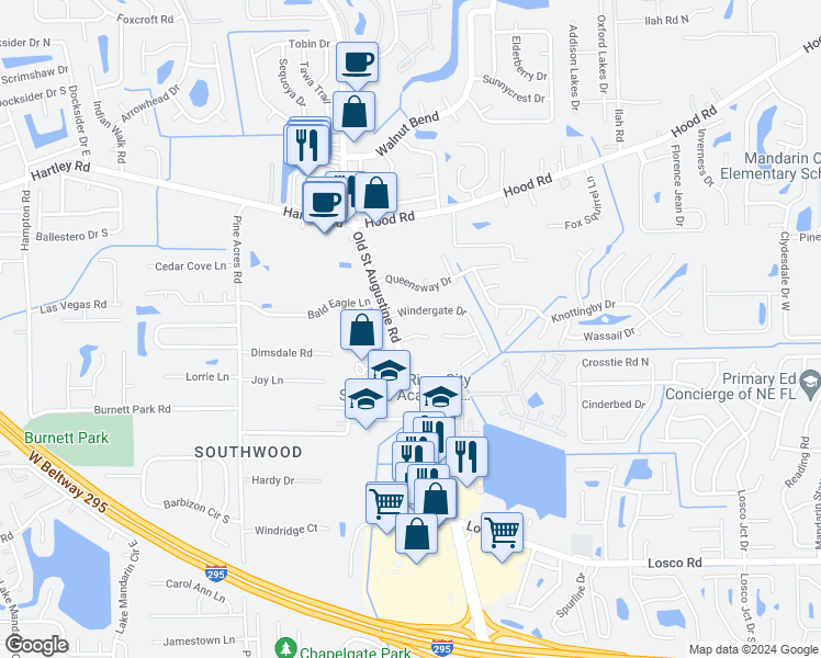 map of restaurants, bars, coffee shops, grocery stores, and more near 4227 Winderpark Court in Jacksonville