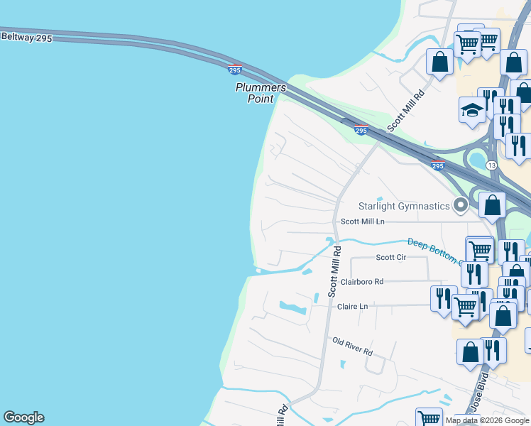 map of restaurants, bars, coffee shops, grocery stores, and more near 10735 Waverly Bluff Way in Jacksonville