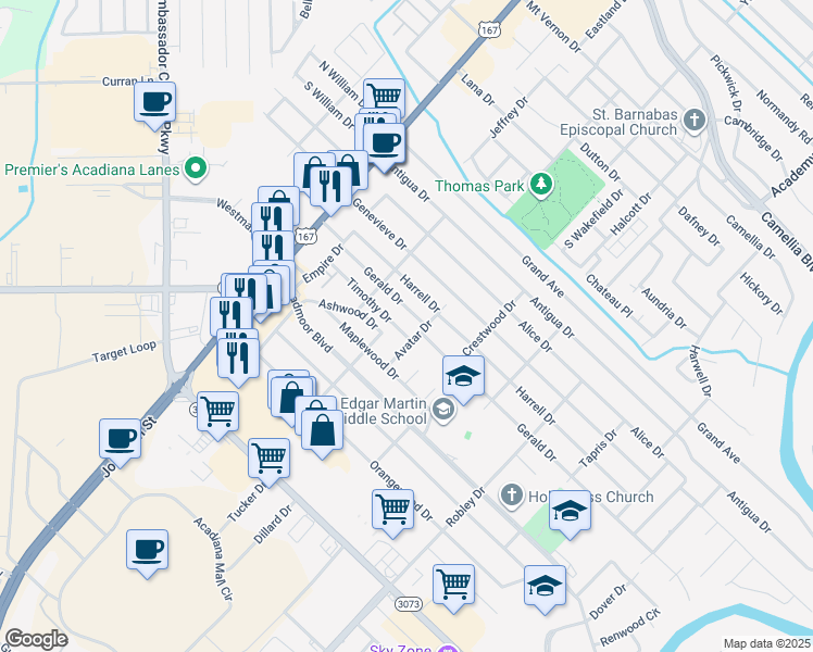 map of restaurants, bars, coffee shops, grocery stores, and more near 319 Timothy Drive in Lafayette