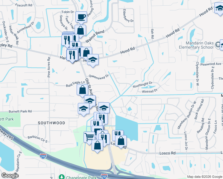 map of restaurants, bars, coffee shops, grocery stores, and more near 4441 Windergate Court in Jacksonville
