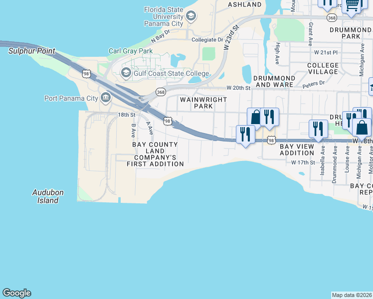 map of restaurants, bars, coffee shops, grocery stores, and more near 1725 Palmetto Avenue in Panama City