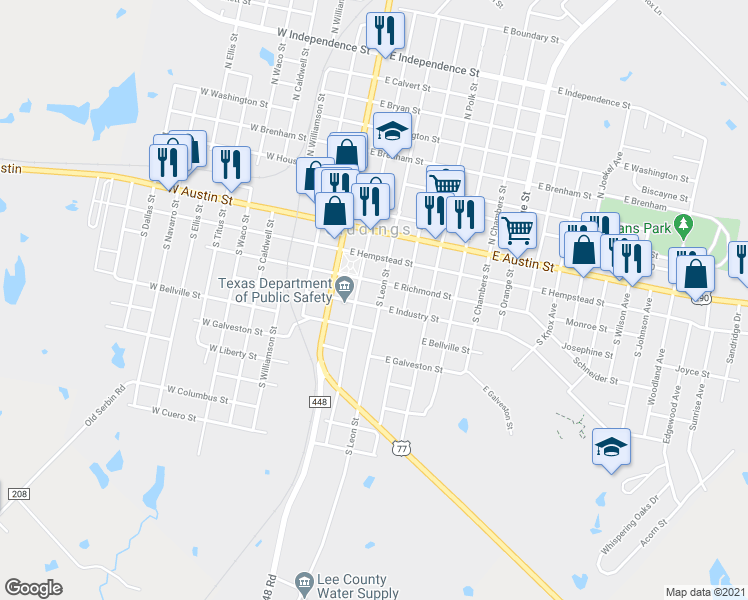 map of restaurants, bars, coffee shops, grocery stores, and more near 383 South Leon Street in Giddings
