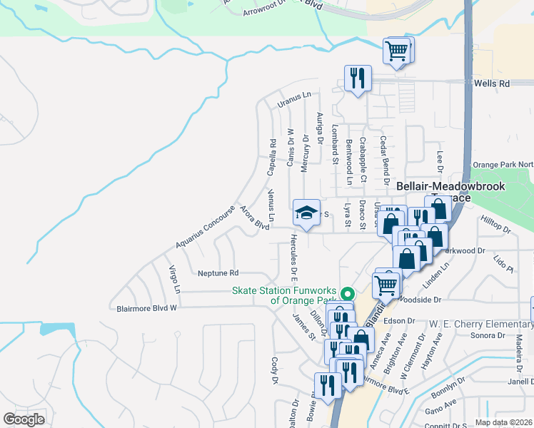 map of restaurants, bars, coffee shops, grocery stores, and more near 127 Venus Lane in Orange Park