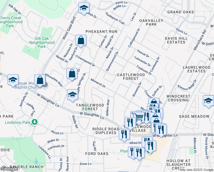 map of restaurants, bars, coffee shops, grocery stores, and more near 2512 Monarch Drive in Austin