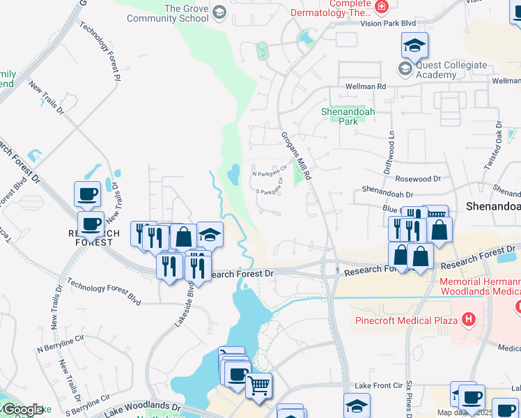 map of restaurants, bars, coffee shops, grocery stores, and more near 79 Pine Brook Court in Spring