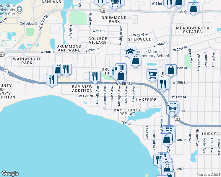 map of restaurants, bars, coffee shops, grocery stores, and more near 1715 Louise Avenue in Panama City