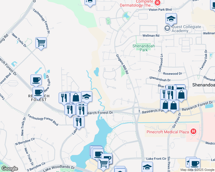 map of restaurants, bars, coffee shops, grocery stores, and more near 66 Pine Brook Court in Shenandoah