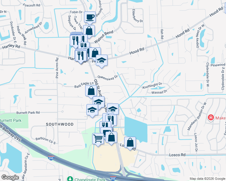 map of restaurants, bars, coffee shops, grocery stores, and more near 4271 Winderpark Court in Jacksonville