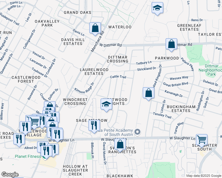 map of restaurants, bars, coffee shops, grocery stores, and more near 1600 Cattle Cove in Austin