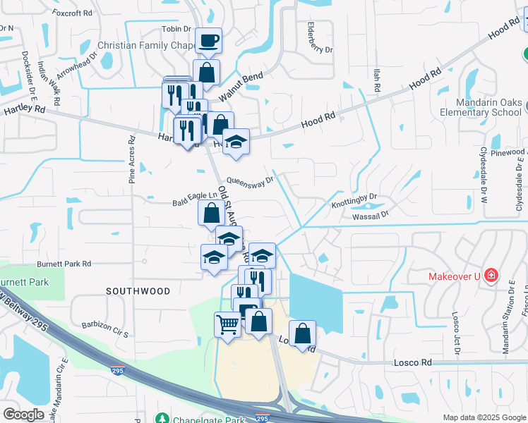 map of restaurants, bars, coffee shops, grocery stores, and more near 4271 Winderpark Court in Jacksonville
