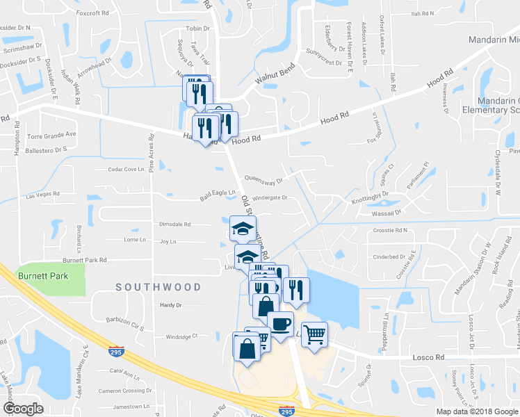 map of restaurants, bars, coffee shops, grocery stores, and more near 4203 Winderpark Court in Jacksonville