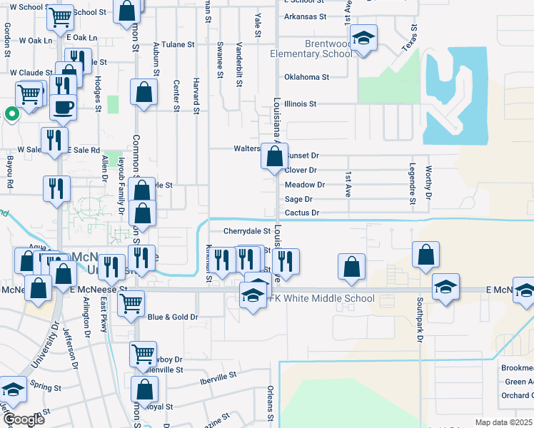 map of restaurants, bars, coffee shops, grocery stores, and more near 4401 Louisiana Avenue in Lake Charles