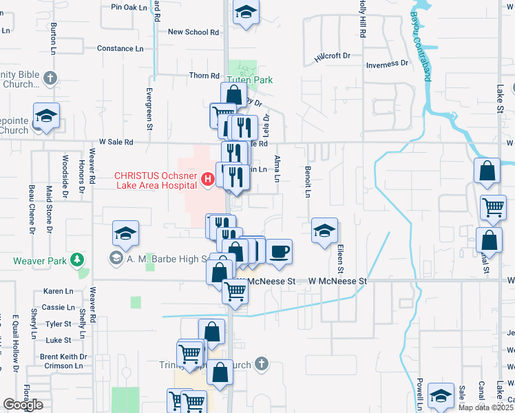 map of restaurants, bars, coffee shops, grocery stores, and more near 1645 Mignonette Lane in Lake Charles