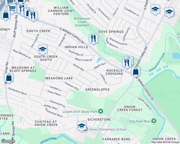 map of restaurants, bars, coffee shops, grocery stores, and more near 4602 Bucks Run in Austin