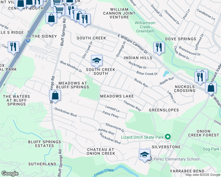 map of restaurants, bars, coffee shops, grocery stores, and more near 2419 Blue Meadow Drive in Austin