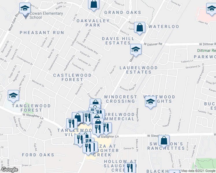 map of restaurants, bars, coffee shops, grocery stores, and more near 9206 Sedgemoor Trail in Austin