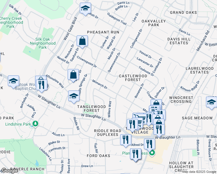 map of restaurants, bars, coffee shops, grocery stores, and more near 2512 Monarch Drive in Austin