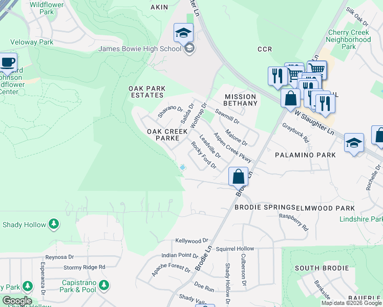 map of restaurants, bars, coffee shops, grocery stores, and more near 3733 Whitt Loop in Austin
