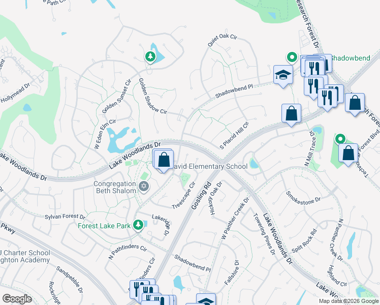 map of restaurants, bars, coffee shops, grocery stores, and more near 15 Sunbeam Place in Spring
