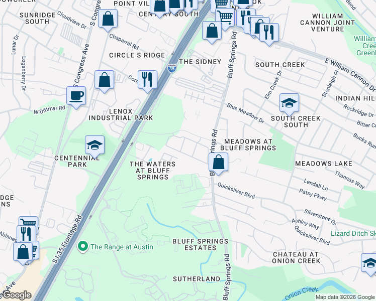 map of restaurants, bars, coffee shops, grocery stores, and more near 7333 Bluff Springs Road in Austin