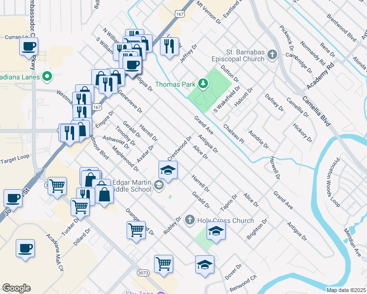 map of restaurants, bars, coffee shops, grocery stores, and more near 401 Genevieve Drive in Lafayette