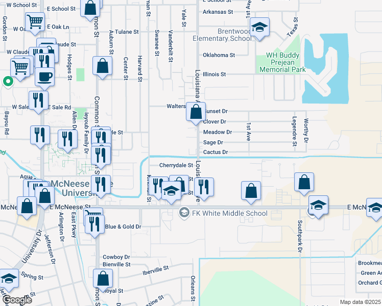 map of restaurants, bars, coffee shops, grocery stores, and more near 4401 Louisiana Avenue in Lake Charles