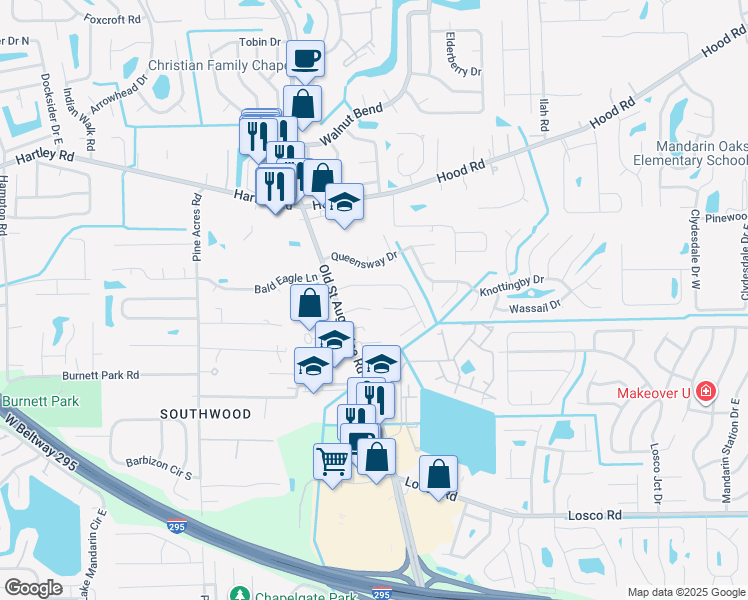 map of restaurants, bars, coffee shops, grocery stores, and more near 4271 Winderpark Court in Jacksonville