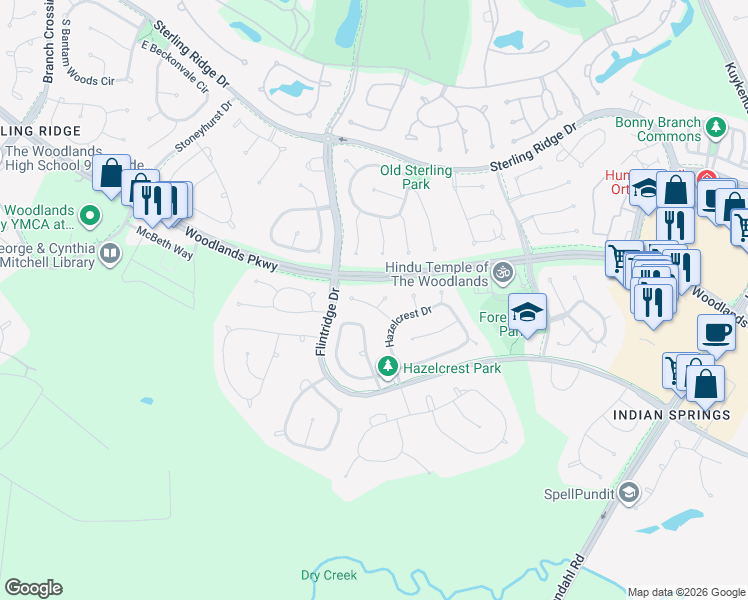 map of restaurants, bars, coffee shops, grocery stores, and more near 3 Camino Ct in Spring
