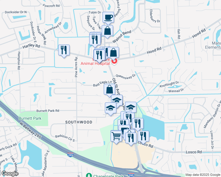 map of restaurants, bars, coffee shops, grocery stores, and more near 10790 Old Saint Augustine Road in Jacksonville