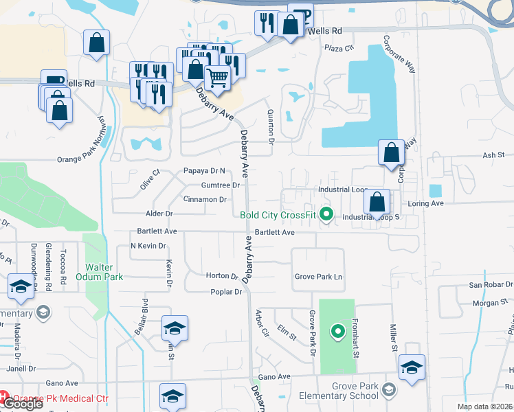 map of restaurants, bars, coffee shops, grocery stores, and more near 1692 Papaya Court in Orange Park