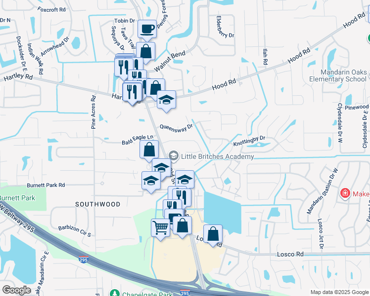 map of restaurants, bars, coffee shops, grocery stores, and more near 4317 Windergate Court in Jacksonville