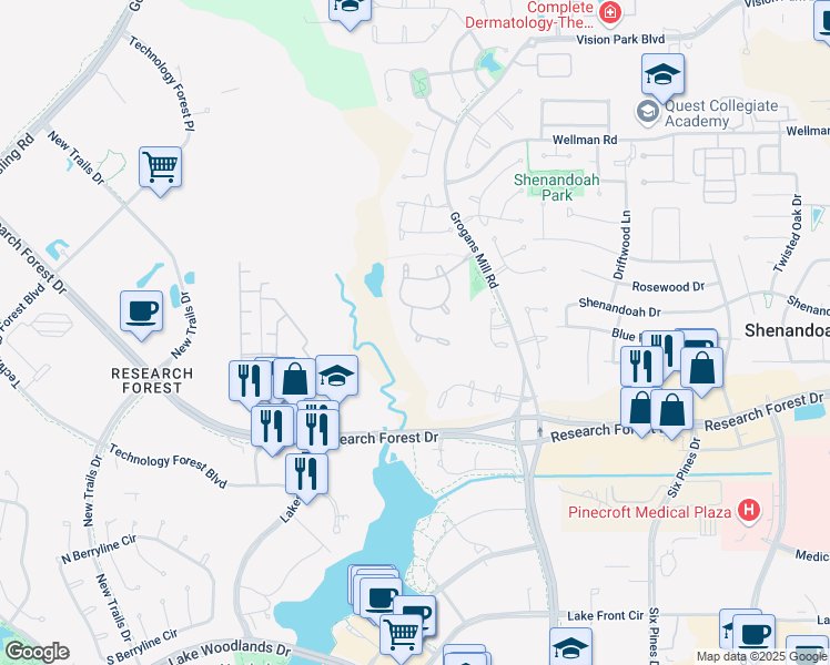 map of restaurants, bars, coffee shops, grocery stores, and more near 50 Pine Brook Court in Spring