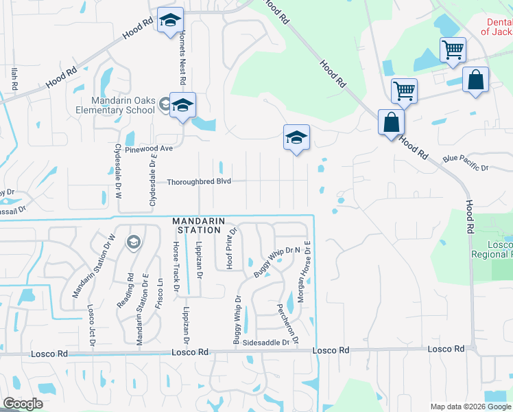 map of restaurants, bars, coffee shops, grocery stores, and more near 10778 Spurs Court in Jacksonville